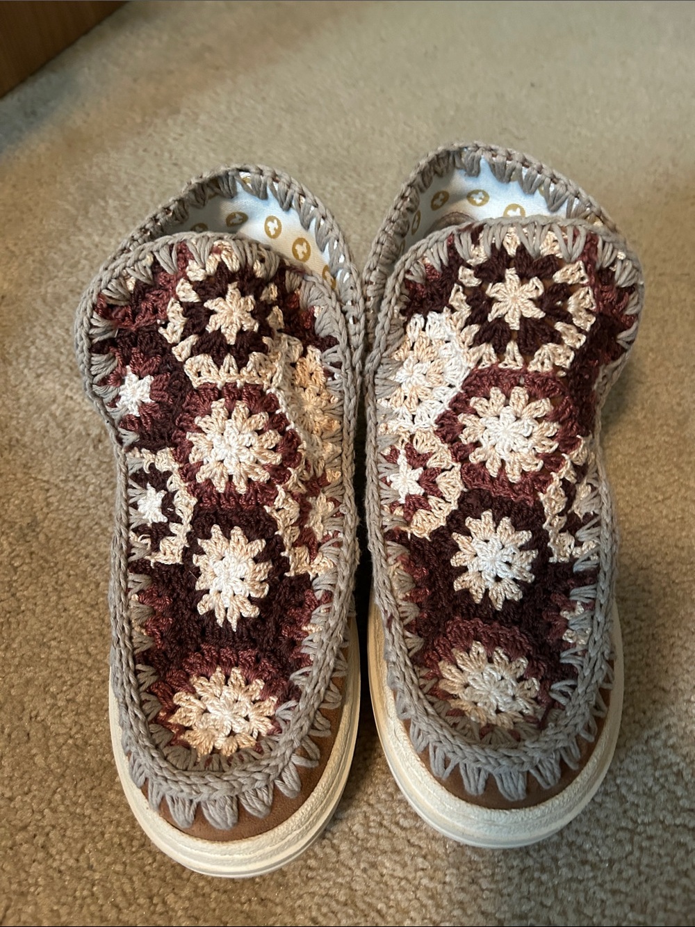 Mou Crochet Slip-On Mules in Brown, Cream and Burgundy